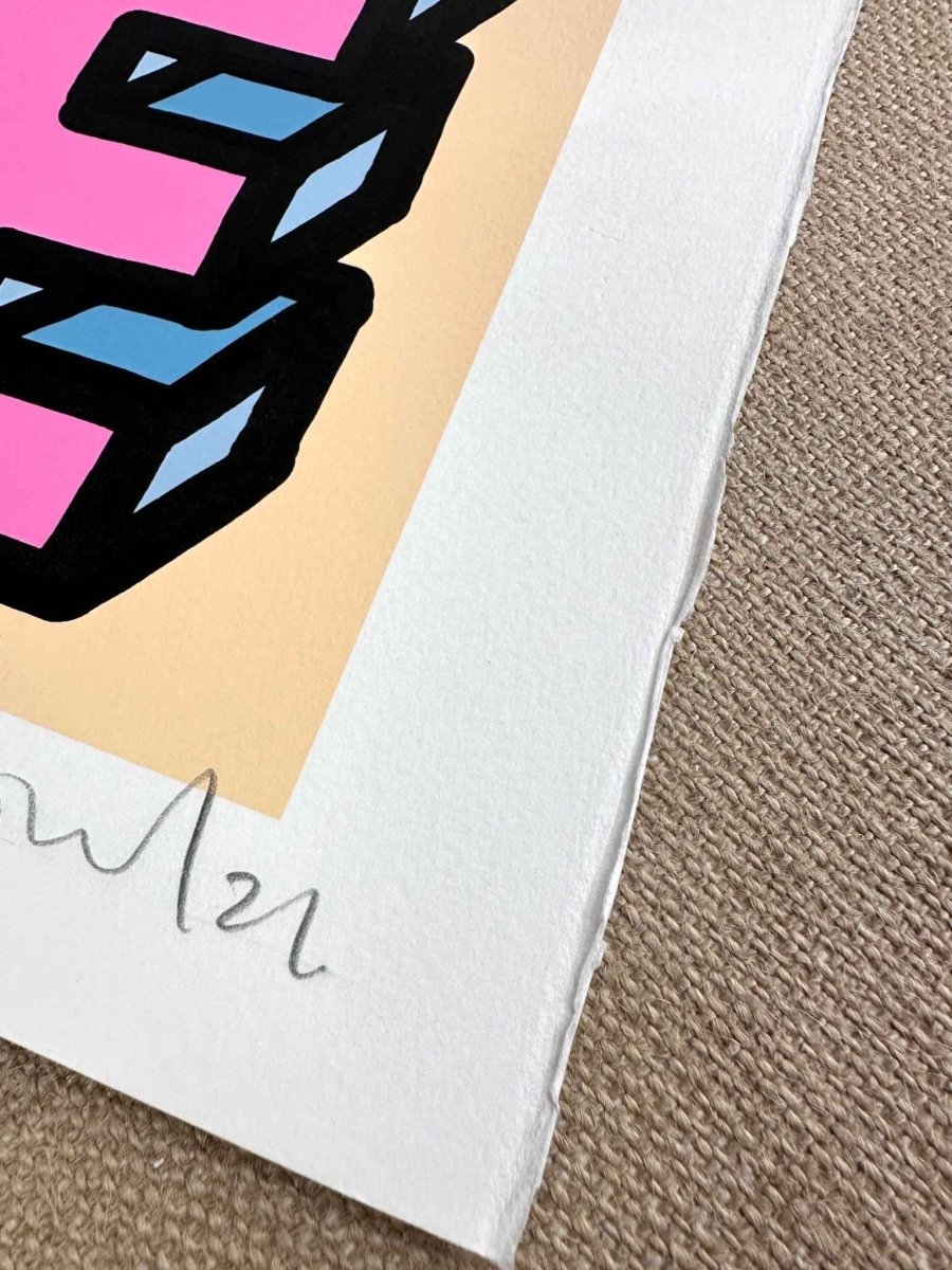 5-colour screenprint, pink blue green on peach, bold 3D DANCE typography, rare archive edition