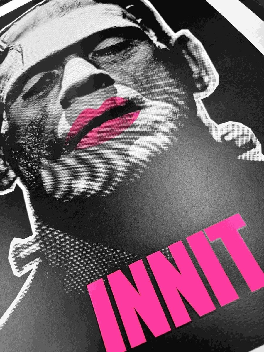 3-colour screenprint, black and pink, Frankenstein's monster with pink lips and INNIT text