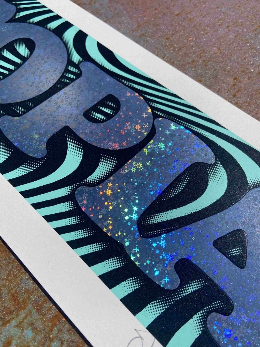 3-colour screenprint with silver hot foil, turquoise and black psychedelic swirls, glitter UTOPIA text
