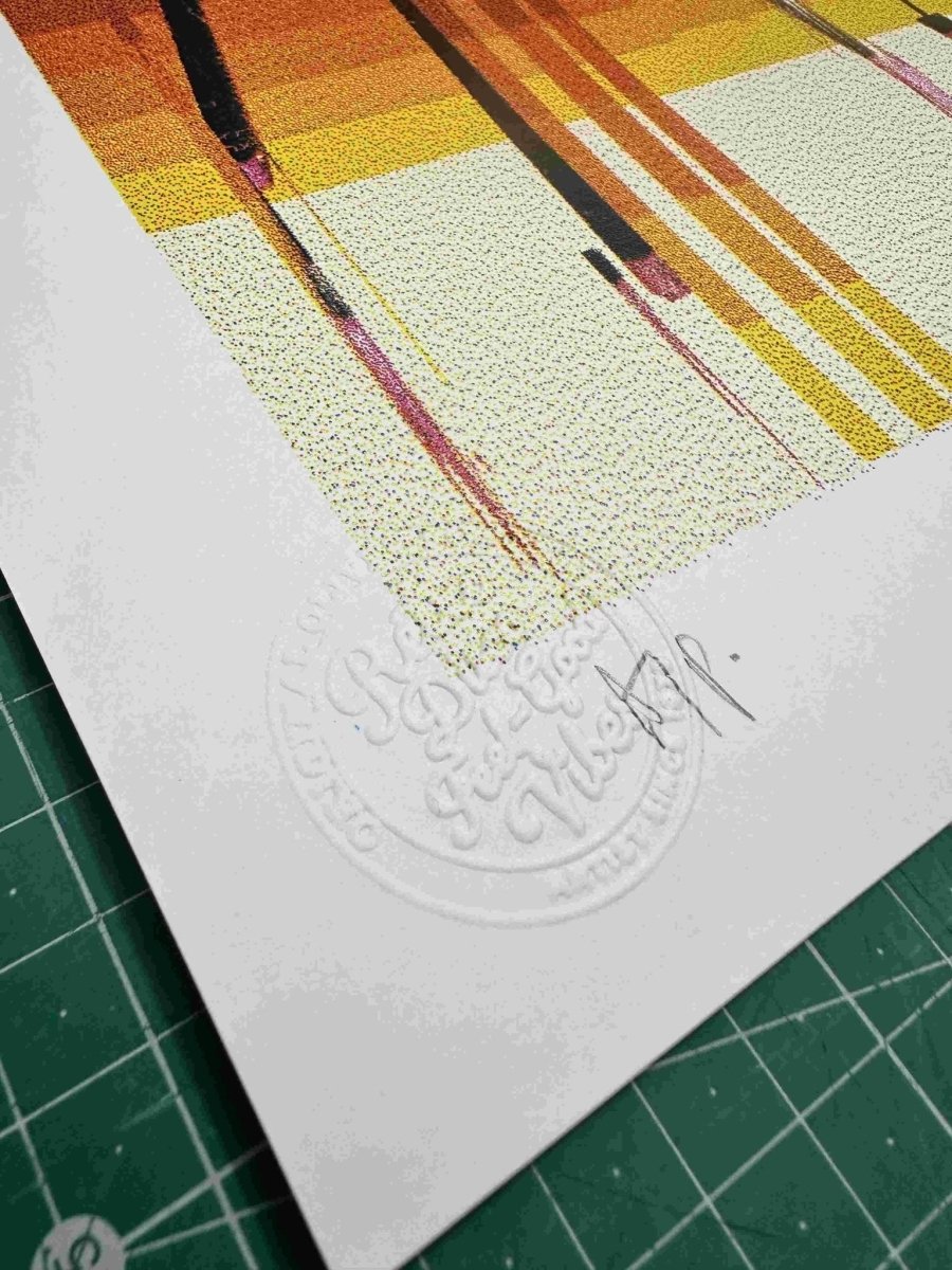 4-colour dither screenprint, sunset orange to purple gradient, glitched nostalgic scene with vertical drips
