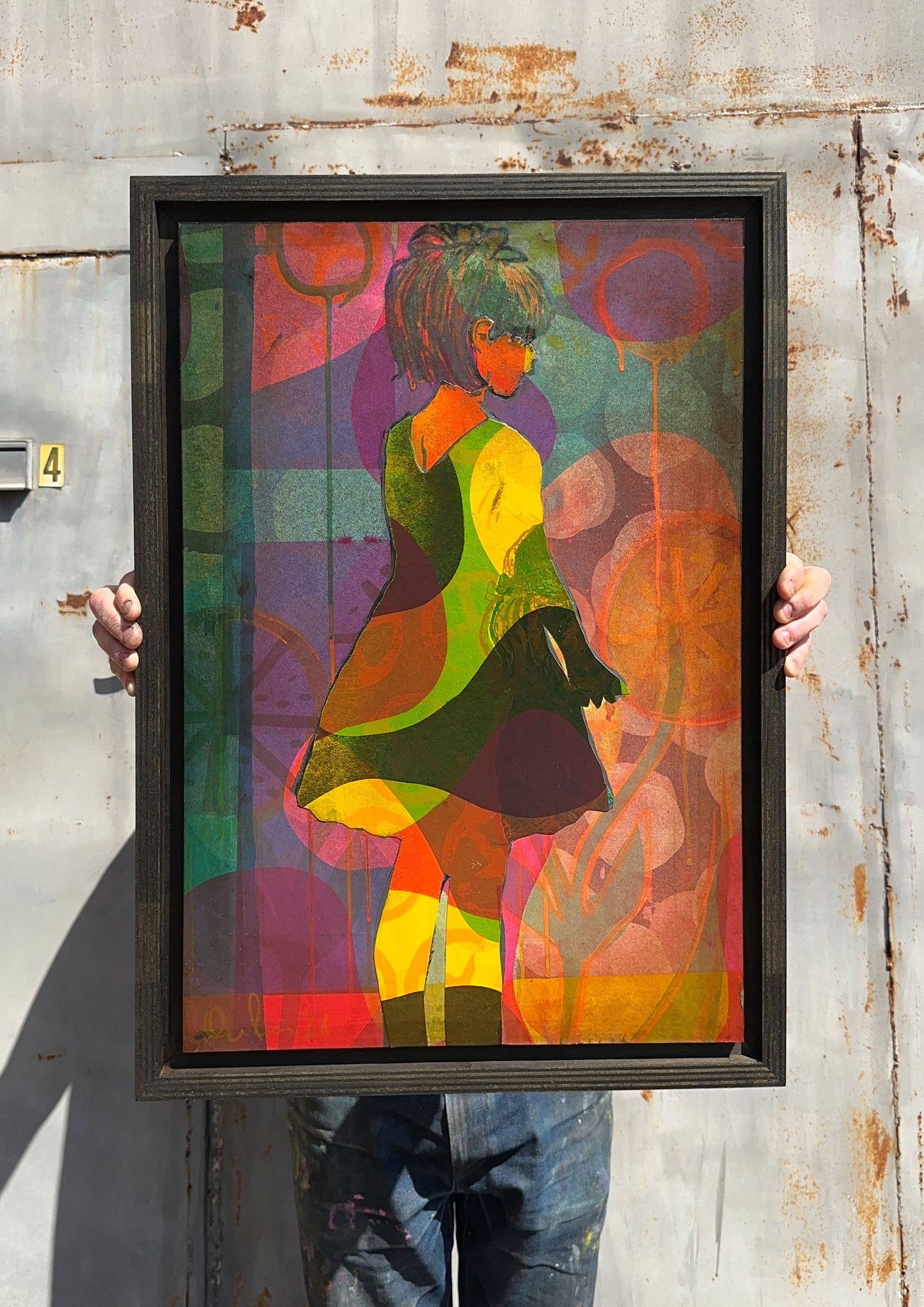 Boxed In No.2 original hand-pulled screenprint by Oli Fowler, female figure with bold colour blocking and circular motifs