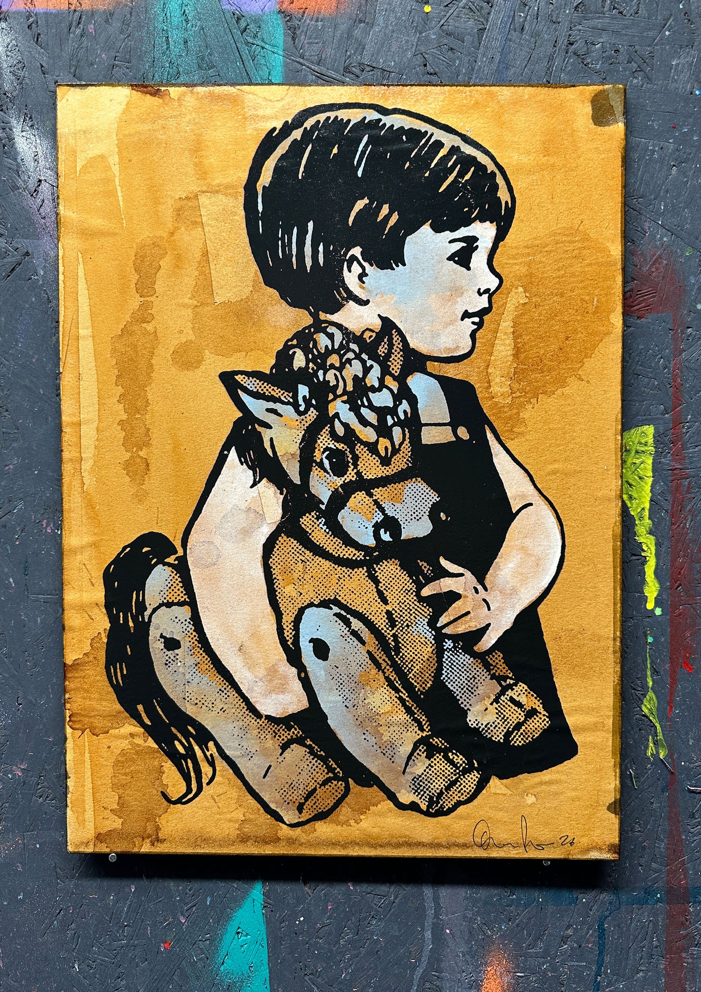4-colour screenprint, rust brown and black with halftone, child holding horse in profile