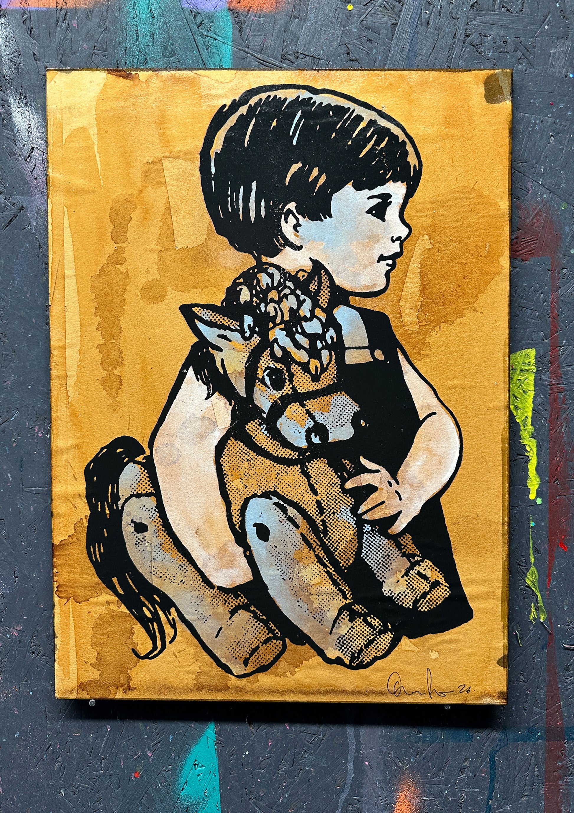 4-colour screenprint, rust brown and black with halftone, child holding horse in profile