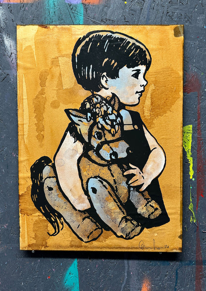 4-colour screenprint, rust brown and black with halftone, child holding horse in profile