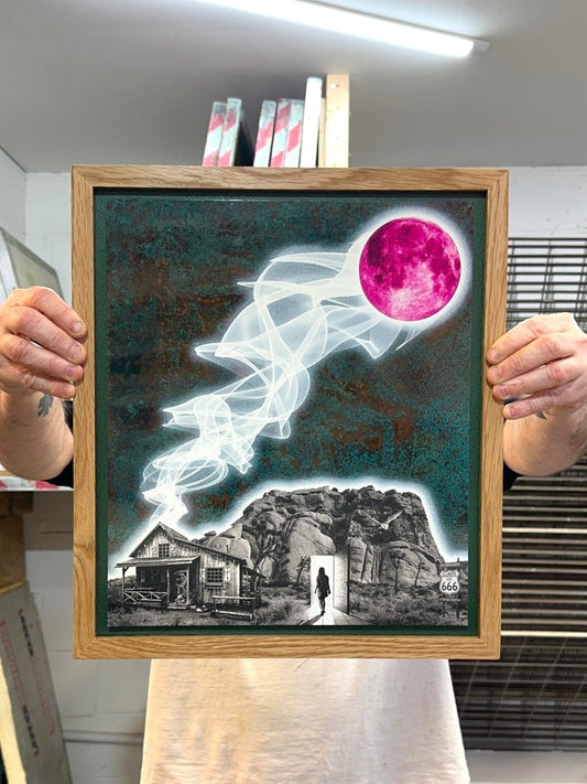 666 hand-pulled screenprint by Oli Fowler — spirit ascending toward pink moon above desert cabin and rock formation
