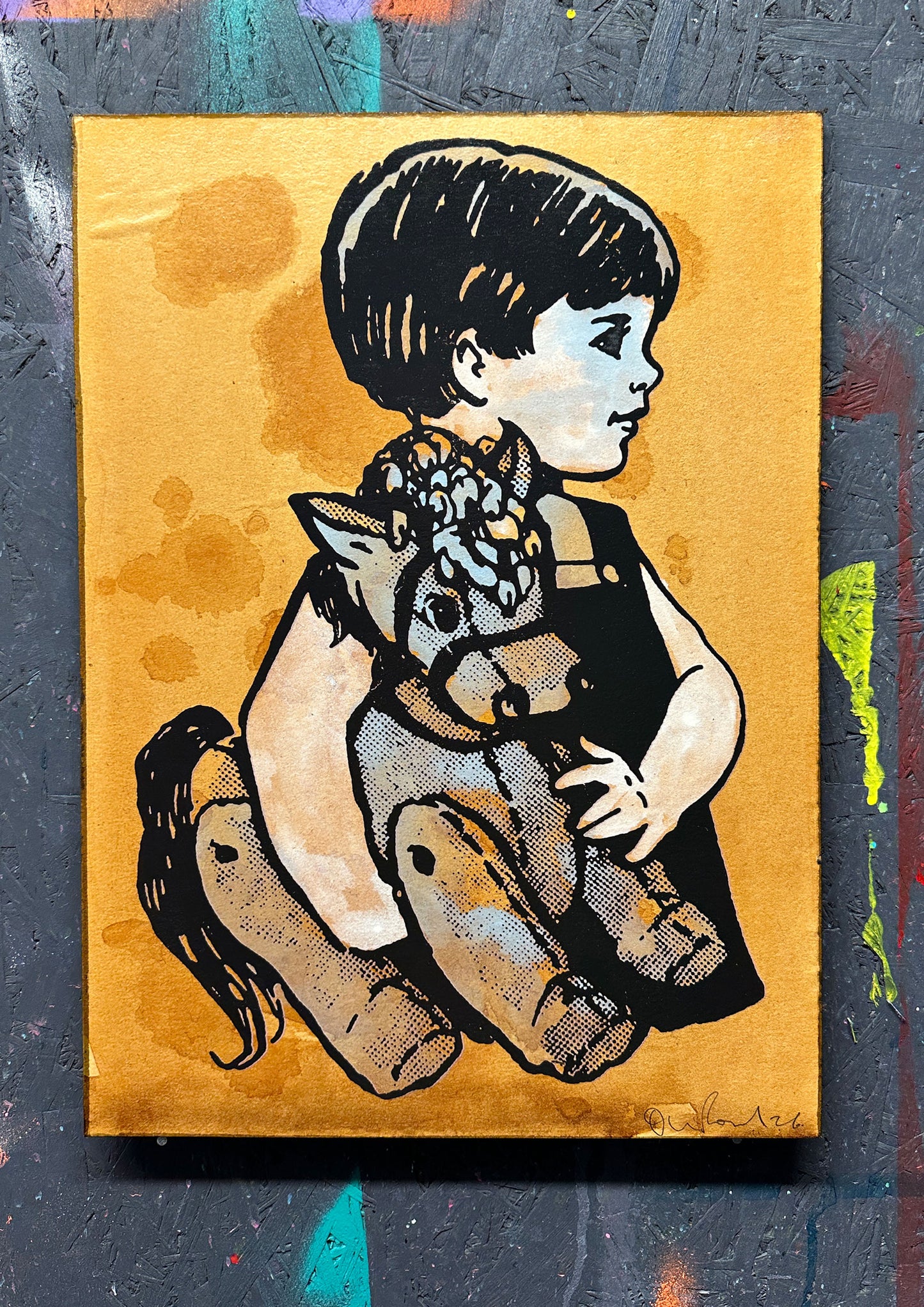 4-colour screenprint, rust brown and black with halftone, child holding reptiles in profile