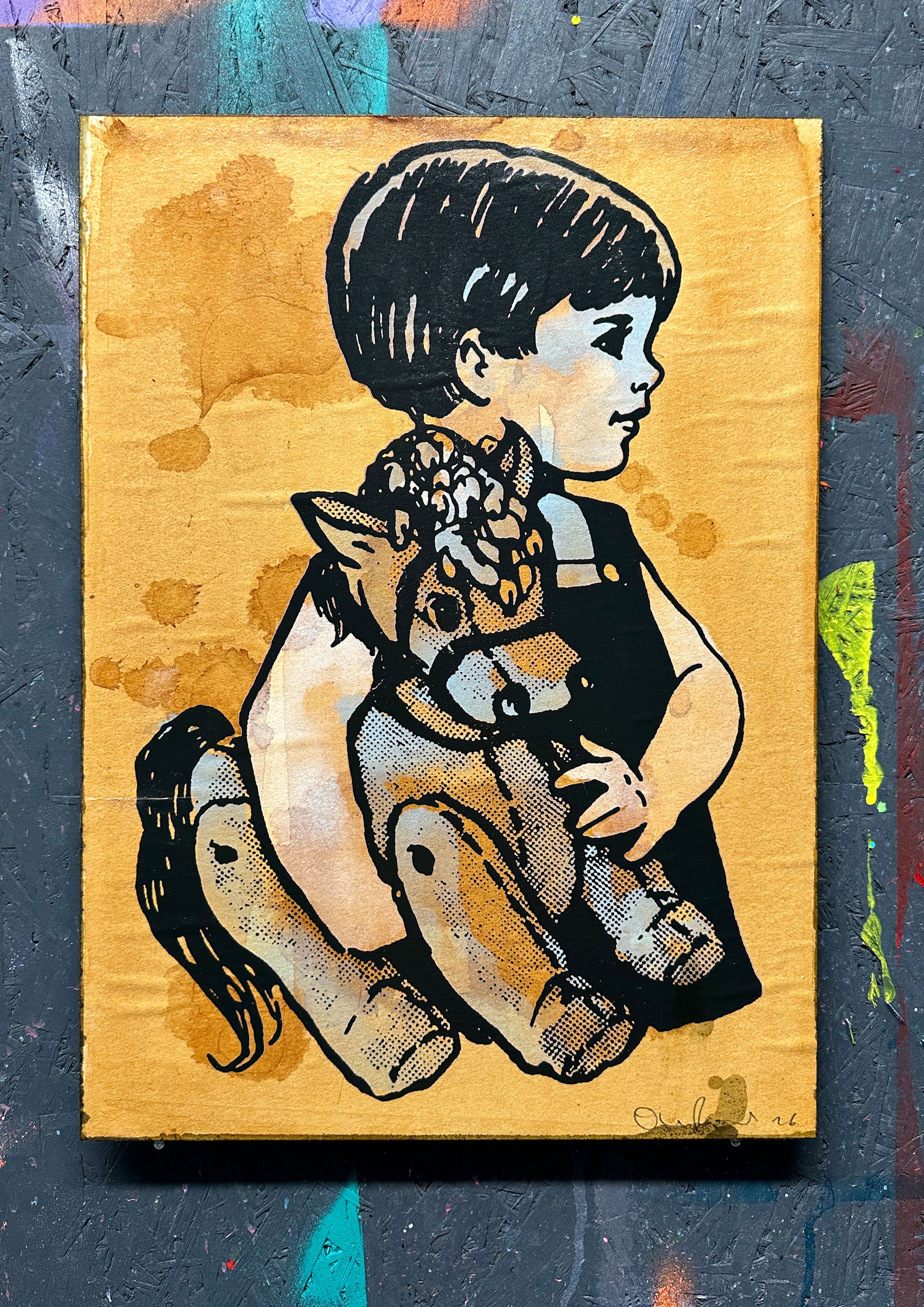 4-colour screenprint, rust brown and black with halftone, child holding reptiles in profile