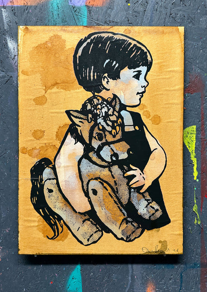 4-colour screenprint, rust brown and black with halftone, child holding reptiles in profile