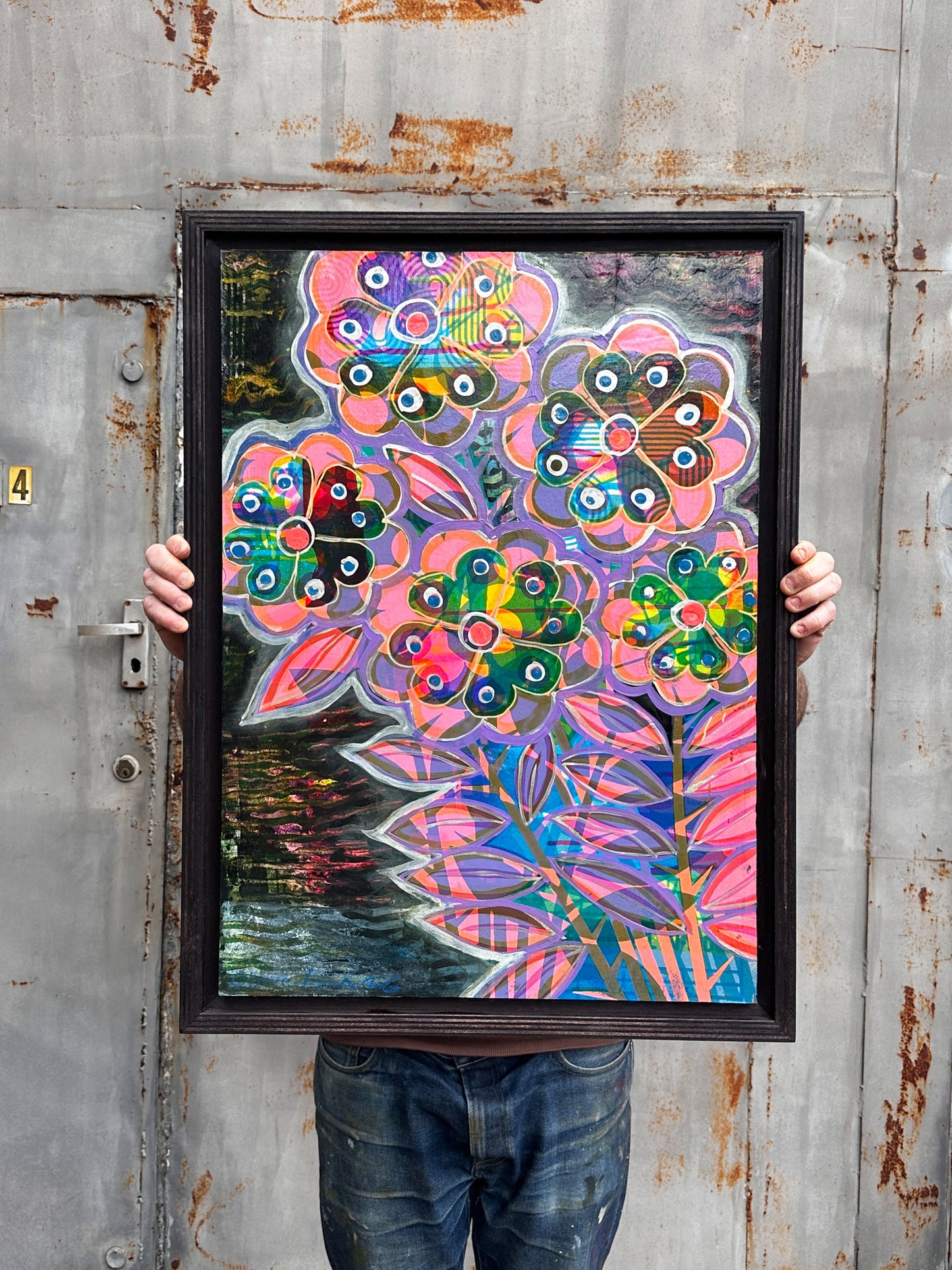 On My Travels original mixed media artwork by Oli Fowler, framed in stained birch, layered pop flowers in pink, purple and green over a dark, water-like background