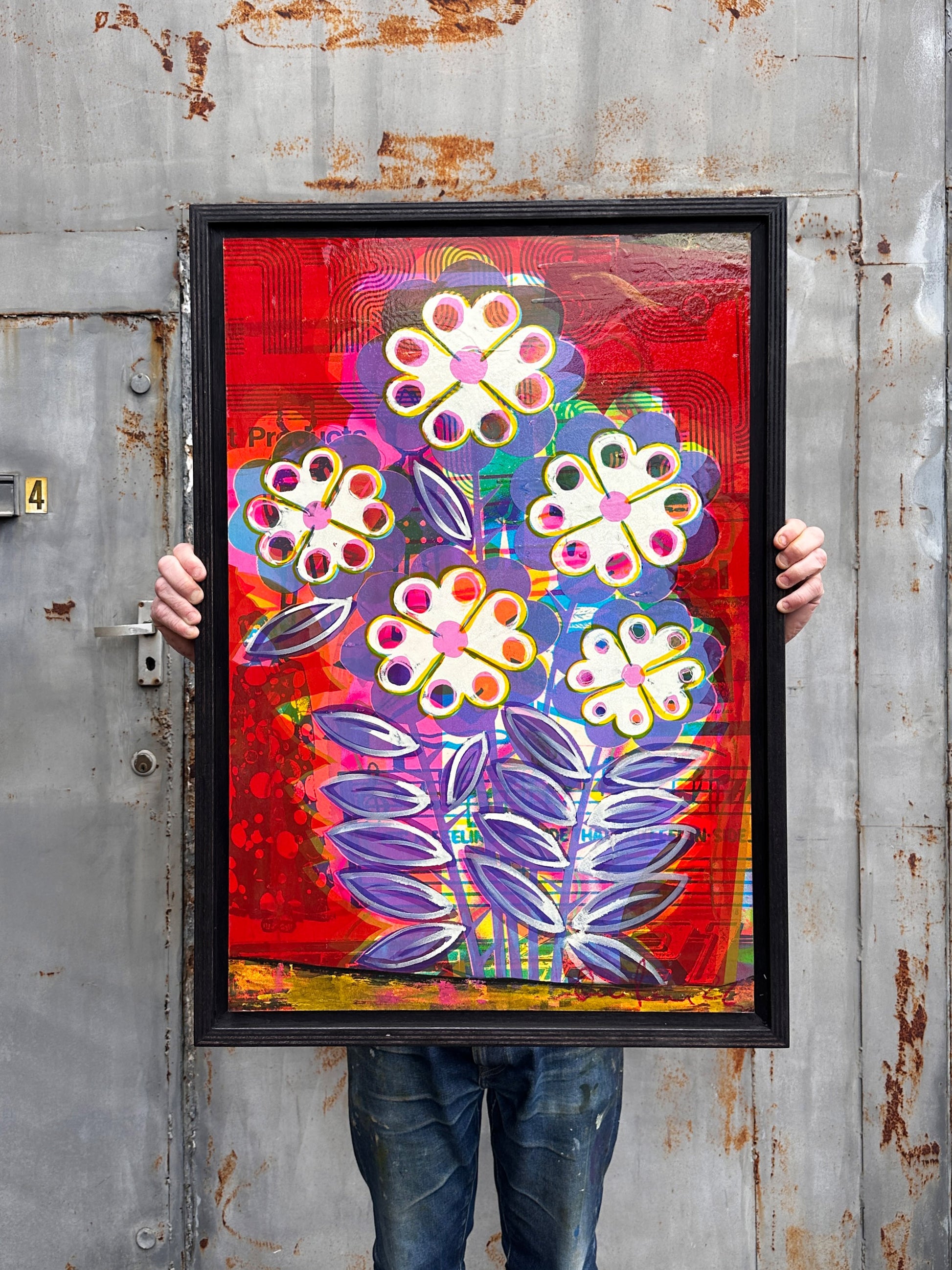 How I Remember original mixed media artwork by Oli Fowler, part of If It's Fun I Want Some, white and purple pop flowers over a red background collaged with 1970s magazine pages and sheet music