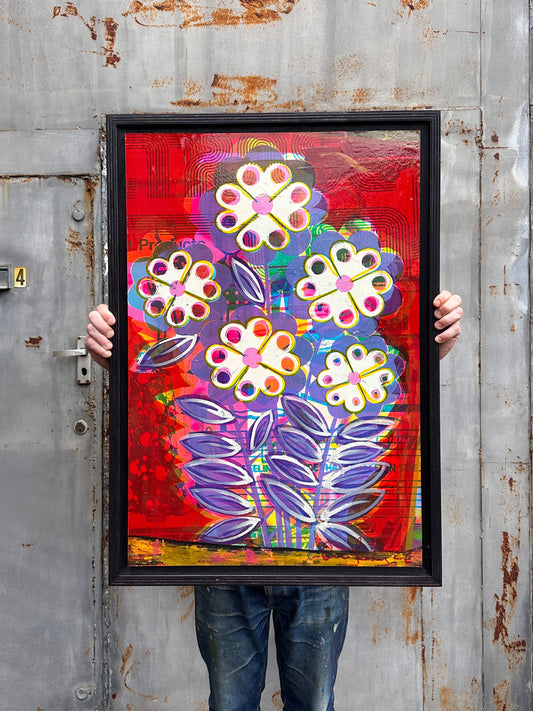 How I Remember original mixed media artwork by Oli Fowler, part of If It's Fun I Want Some, white and purple pop flowers over a red background collaged with 1970s magazine pages and sheet music