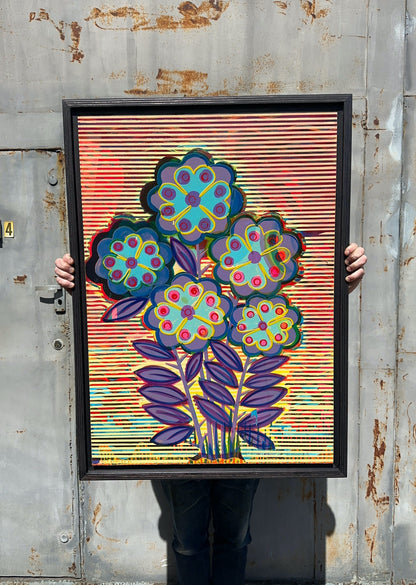 Change Re Arrange original mixed media artwork by Oli Fowler, framed in dark stained birch, blue and purple pop flowers with pink centres over a red, yellow and black striped background