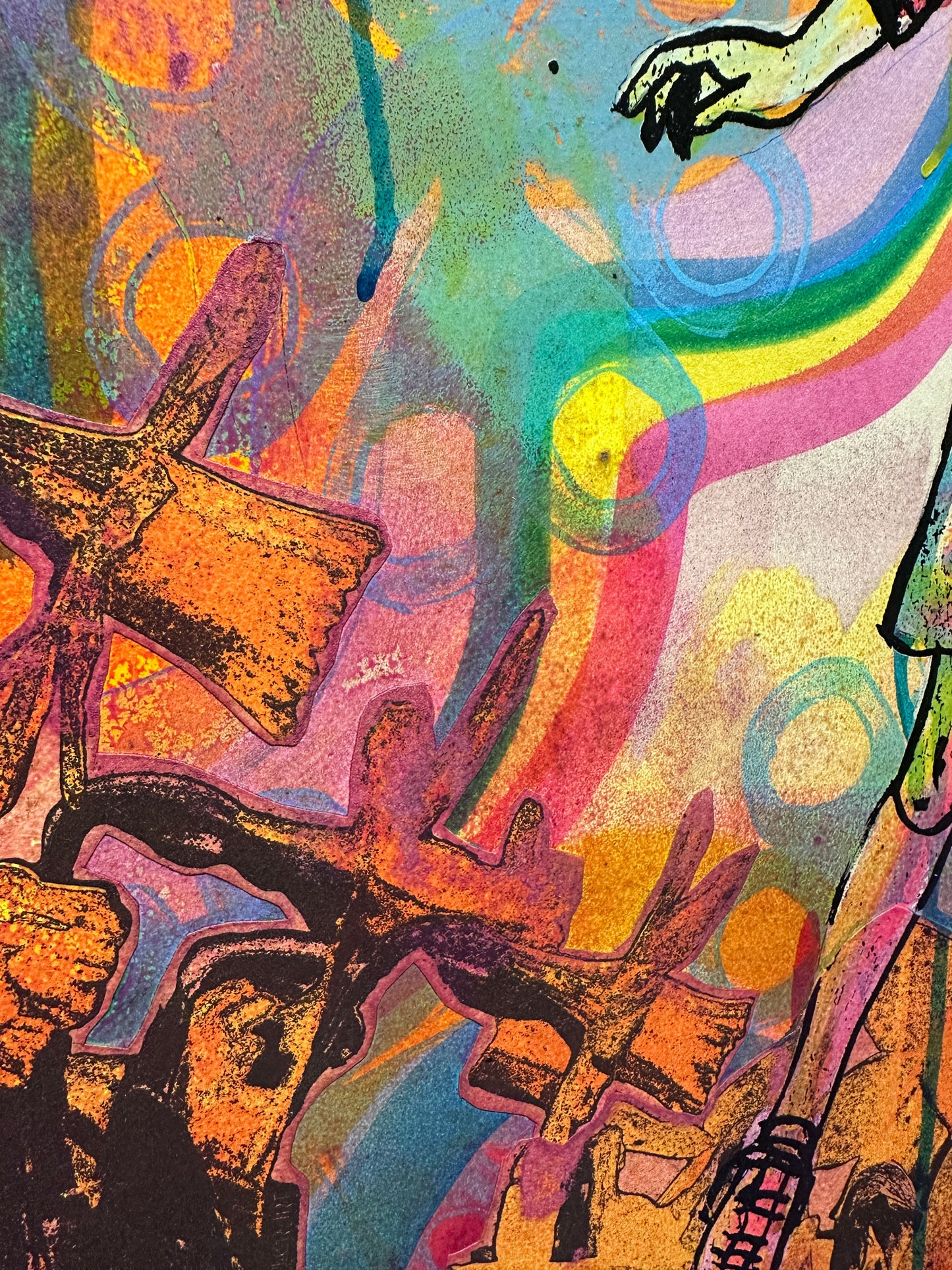 Multi-colour screenprint, yellow orange pink, woman in psychedelic swirling waves, original artwork