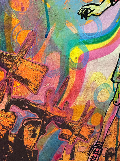 Multi-colour screenprint, yellow orange pink, woman in psychedelic swirling waves, original artwork