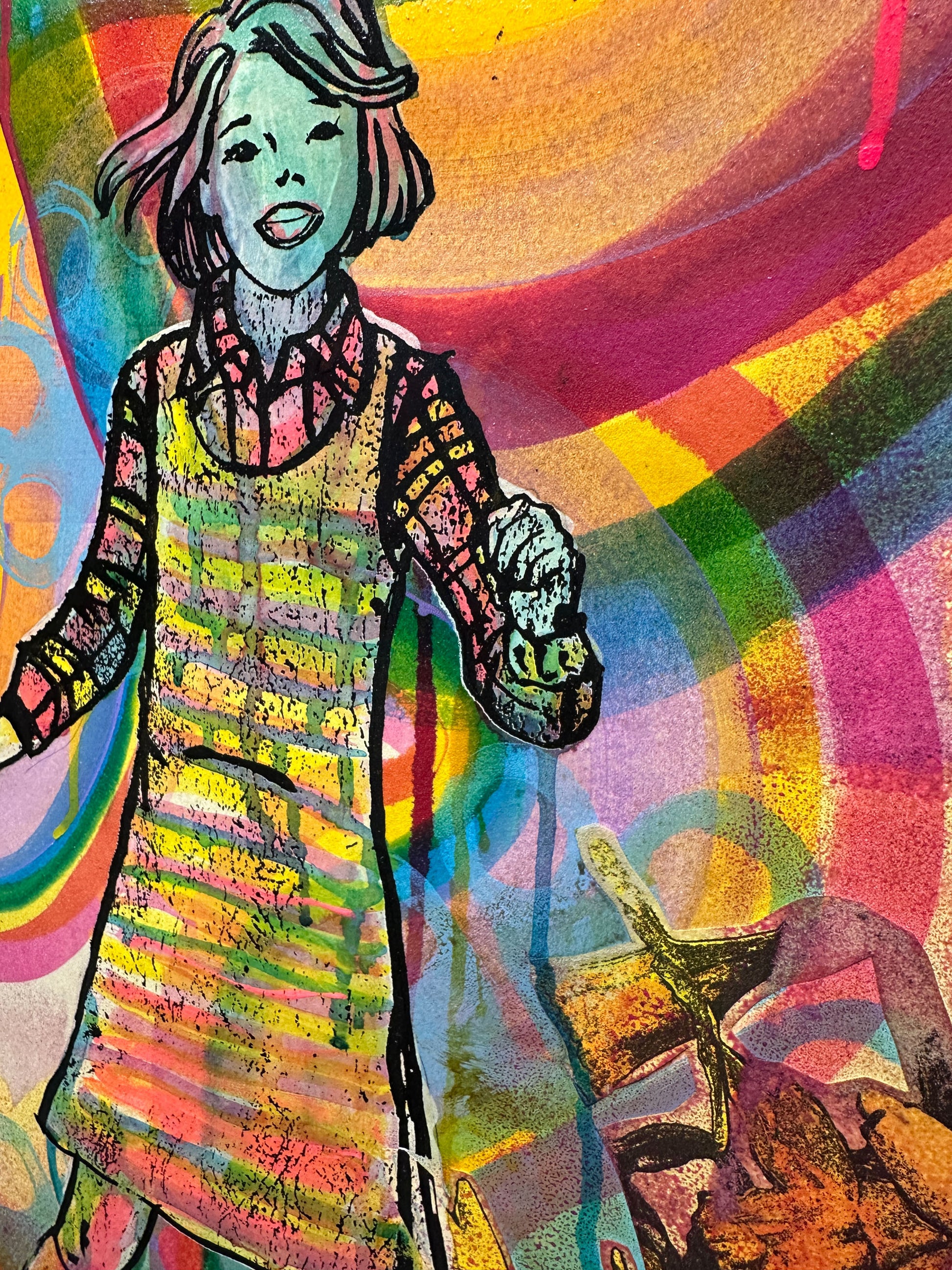 Multi-colour screenprint, yellow orange pink, woman in psychedelic swirling waves, original artwork