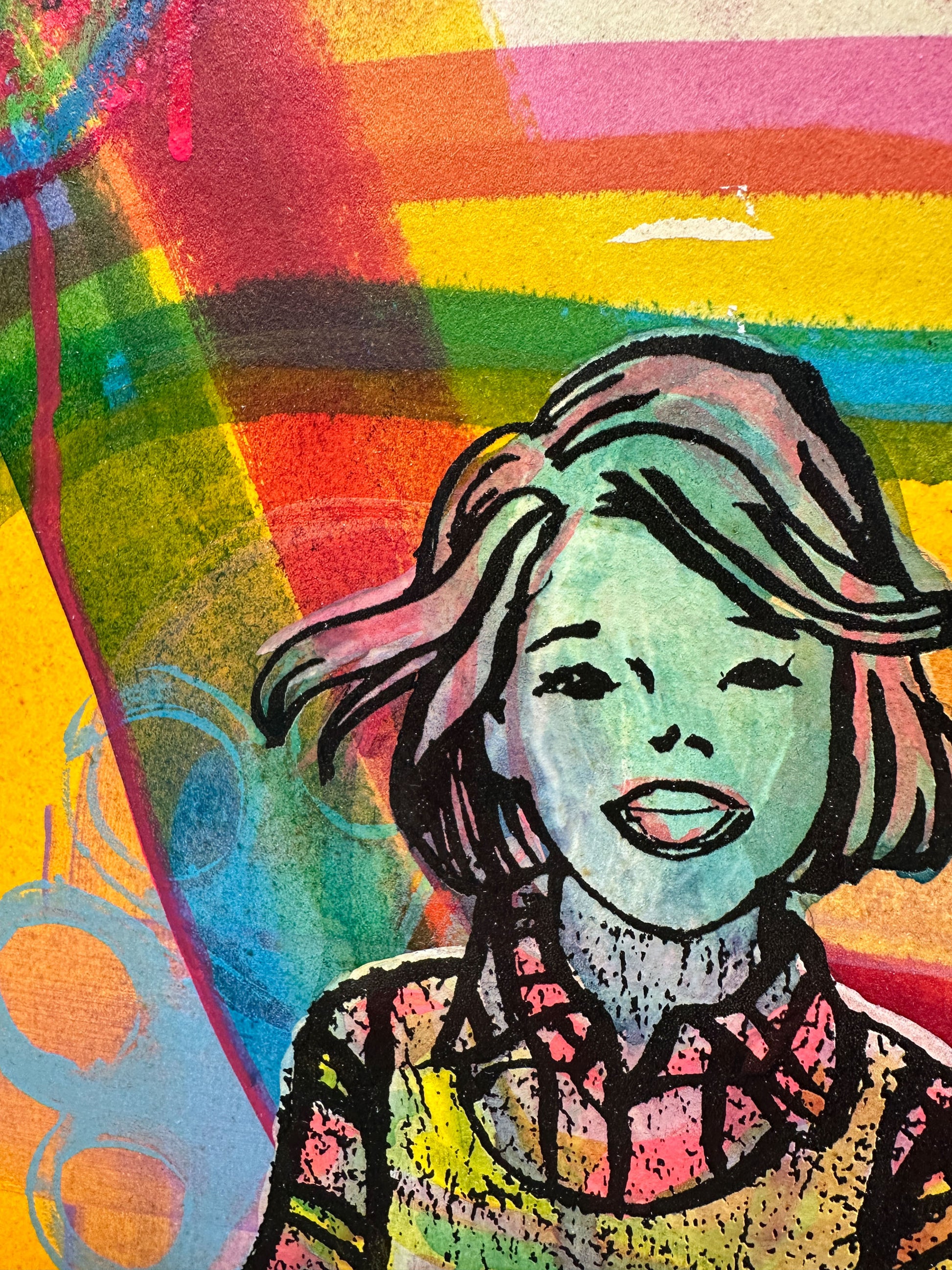 Multi-colour screenprint, yellow orange pink, woman in psychedelic swirling waves, original artwork