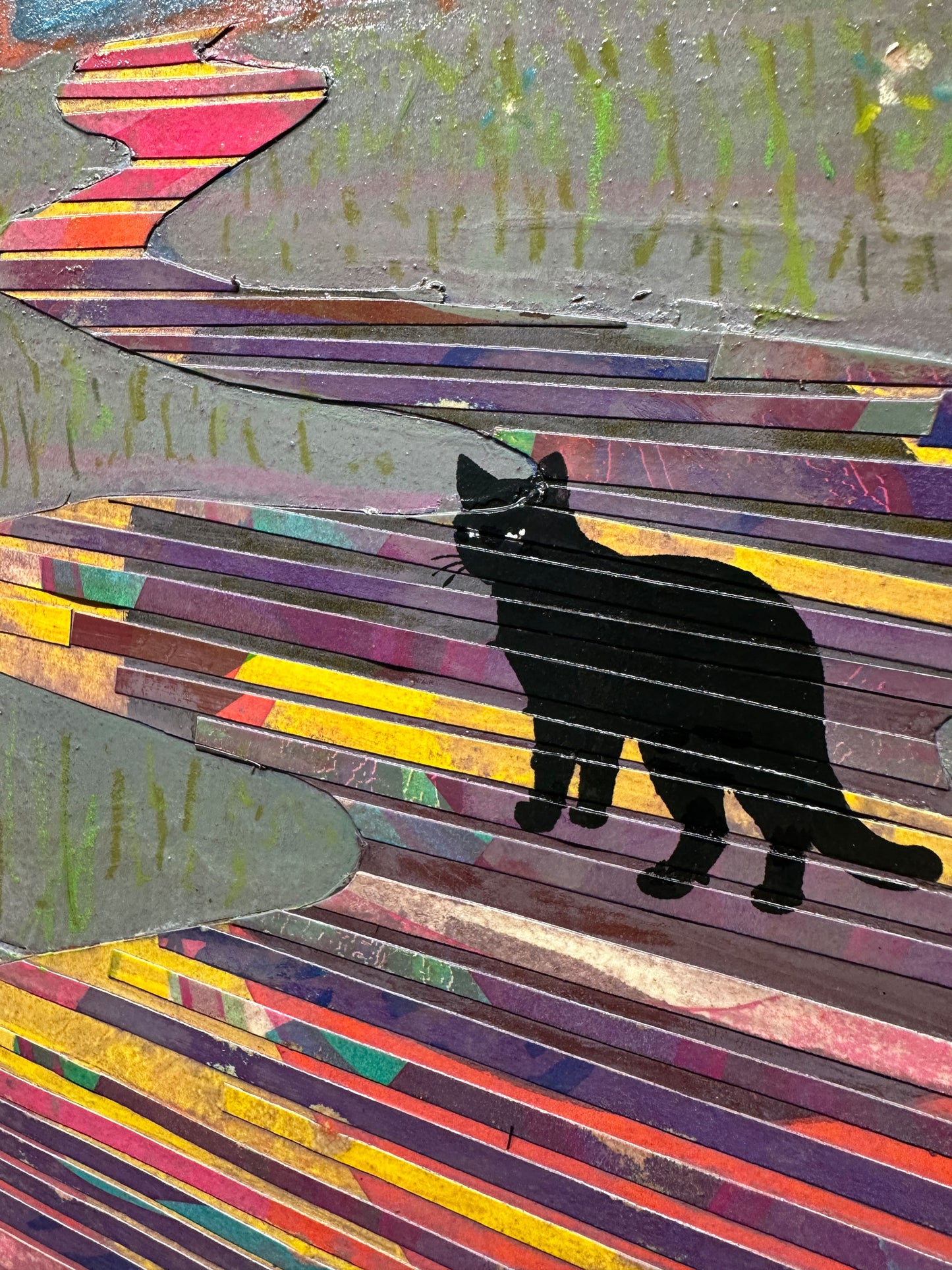 Multi-colour mixed media, orange pink yellow, girl and black cat walking home past houses with daffodils, original