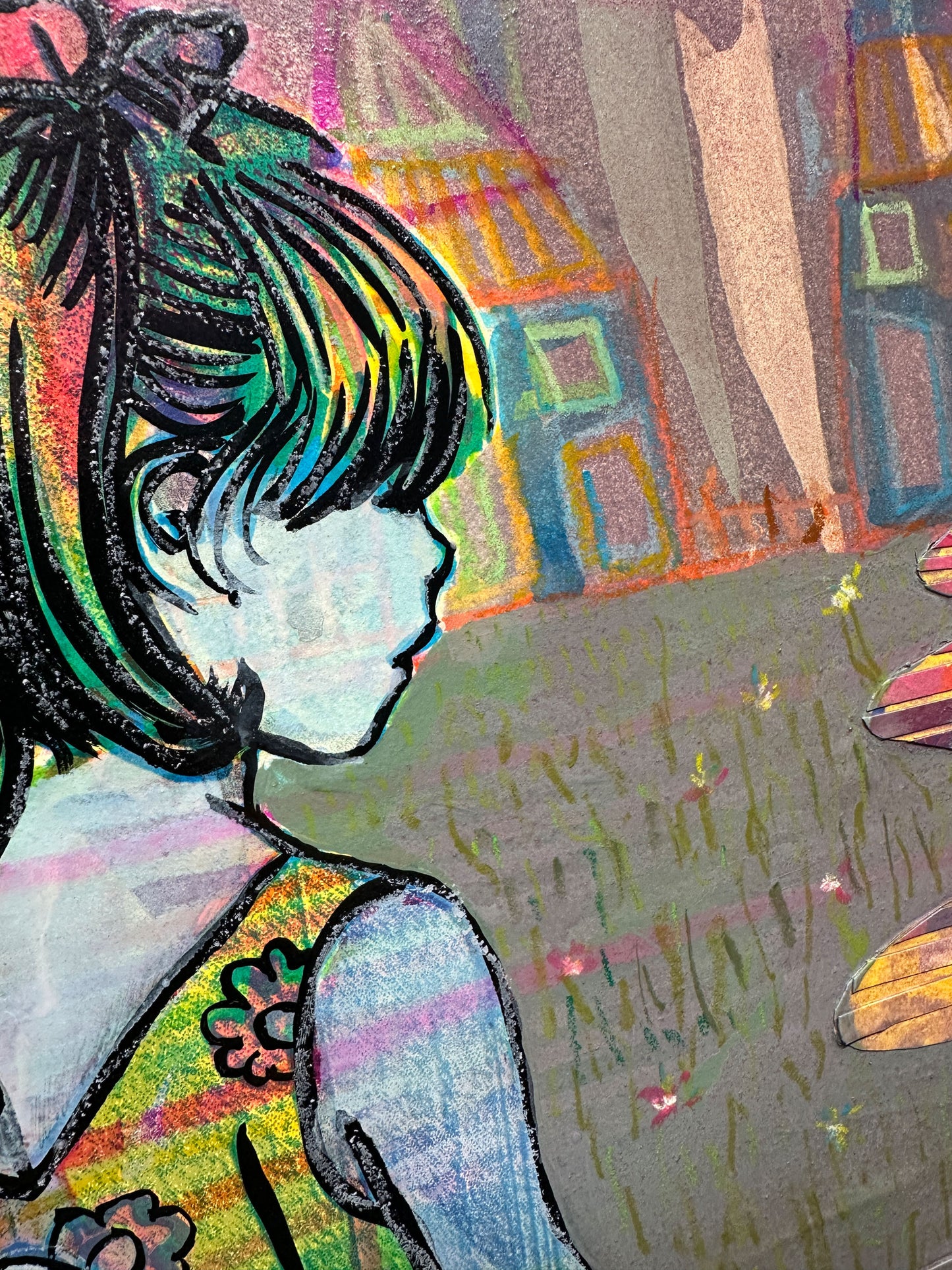 Multi-colour mixed media, orange pink yellow, girl and black cat walking home past houses with daffodils, original