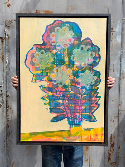 A Feeling Of Pride original mixed media artwork by Oli Fowler, framed in oak clad float frame, teal and cream pop flowers over a cream background collaged with sheet music and the lyric It's A Feeling Of Pride That You Feel Inside