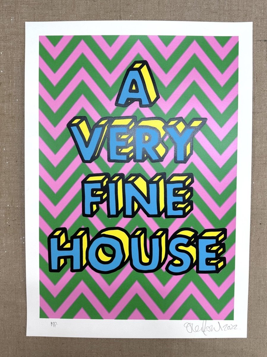 5-colour screenprint, pink and green chevrons, bold dimensional lettering, monoprint edition, white paper stock