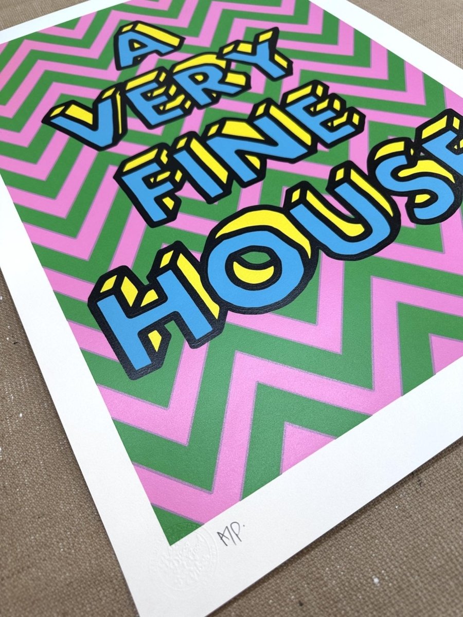 5-colour screenprint, pink and green chevrons, bold dimensional lettering, monoprint edition, white paper stock
