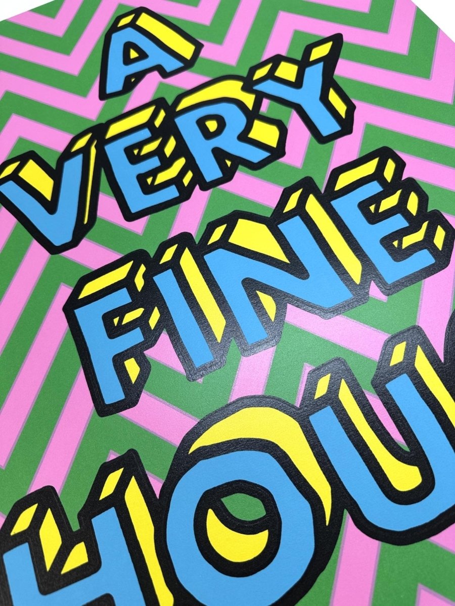 5-colour screenprint, pink and green chevrons, bold dimensional lettering, monoprint edition, white paper stock