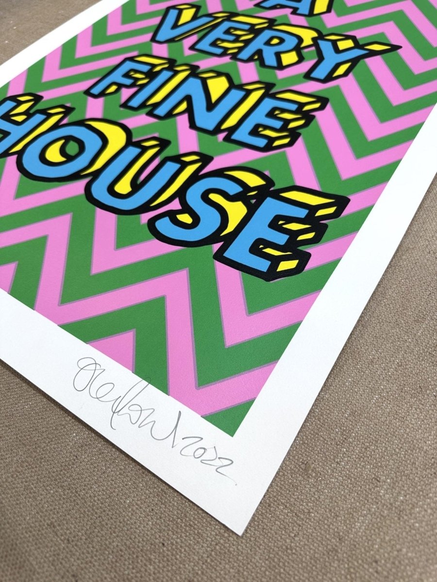 5-colour screenprint, pink and green chevrons, bold dimensional lettering, monoprint edition, white paper stock