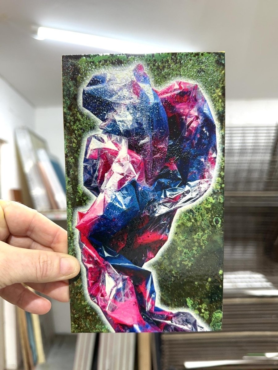 Atom Oxidised original artwork, hand-pulled screenprint by Oli Fowler — faceted crystal figure on foliage