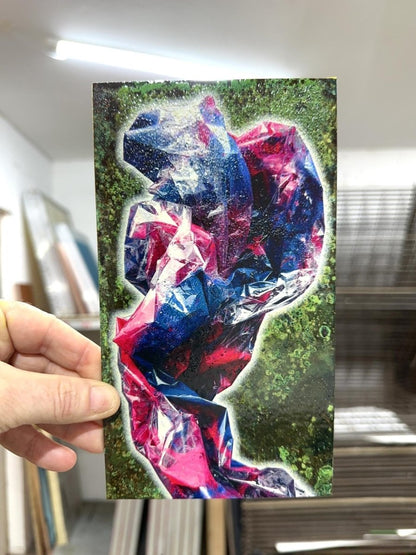 Atom Oxidised original artwork, hand-pulled screenprint by Oli Fowler — faceted crystal figure on foliage