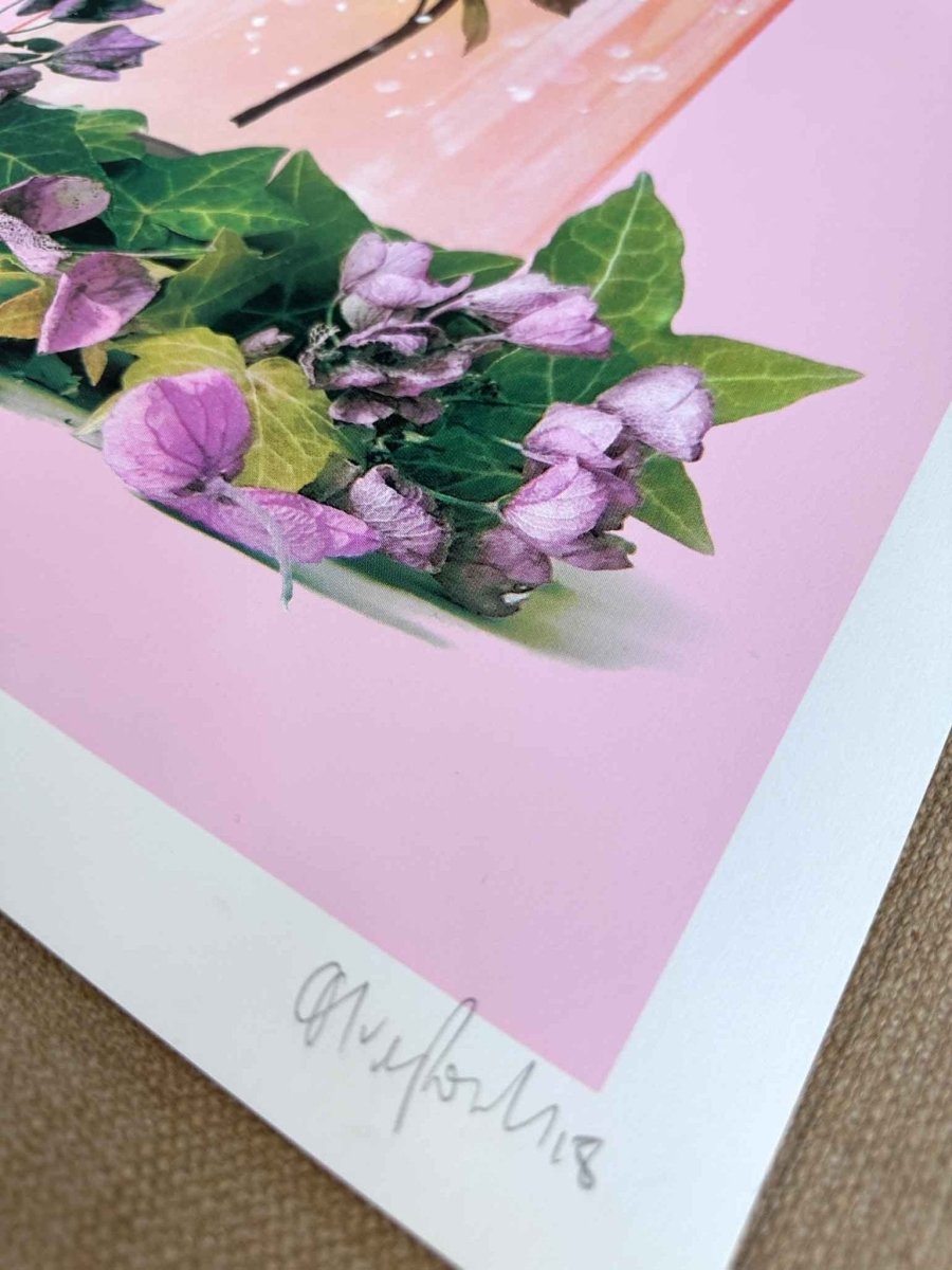 Multi-colour hand-pulled screenprint, pink and orange, rose under glass dome with ivy and flowers