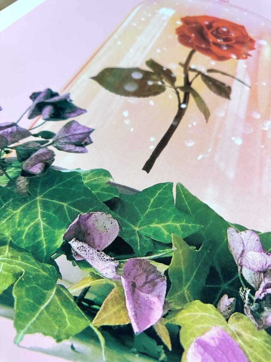 Multi-colour hand-pulled screenprint, pink and orange, rose under glass dome with ivy and flowers