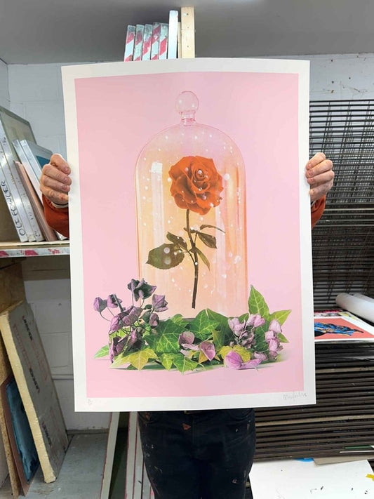 Beast Hand Pulled Screenprint by Oli Fowler — enchanted rose under glass dome with botanical foliage