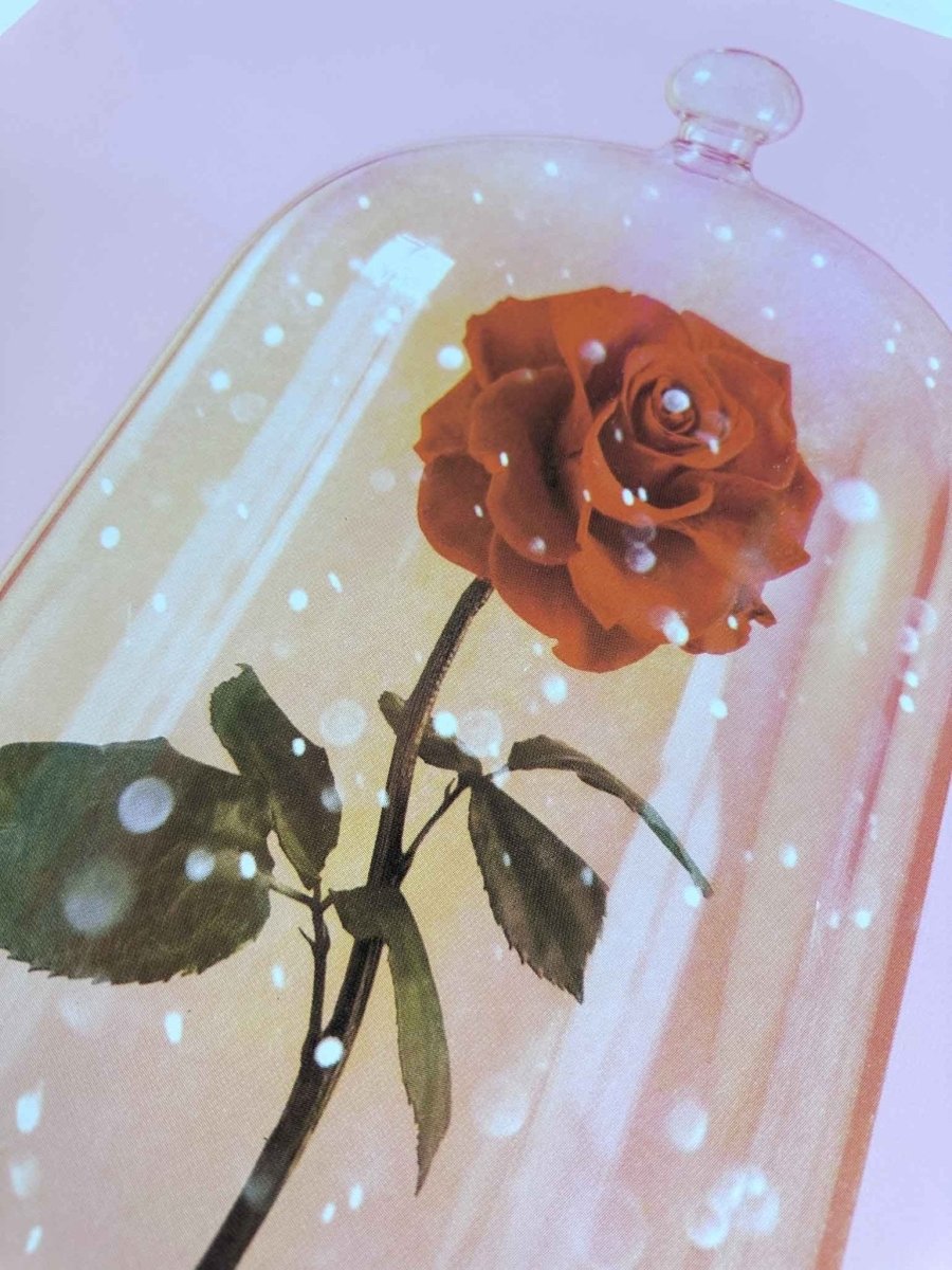 Multi-colour hand-pulled screenprint, pink and orange, rose under glass dome with ivy and flowers
