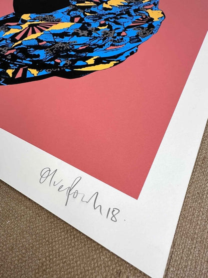 4-colour hand-pulled screenprint, coral red and black, crouching figure in patterned kimono, edition of 25