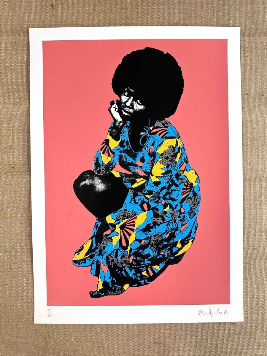 4-colour hand-pulled screenprint, coral red and black, crouching figure in patterned kimono, edition of 25