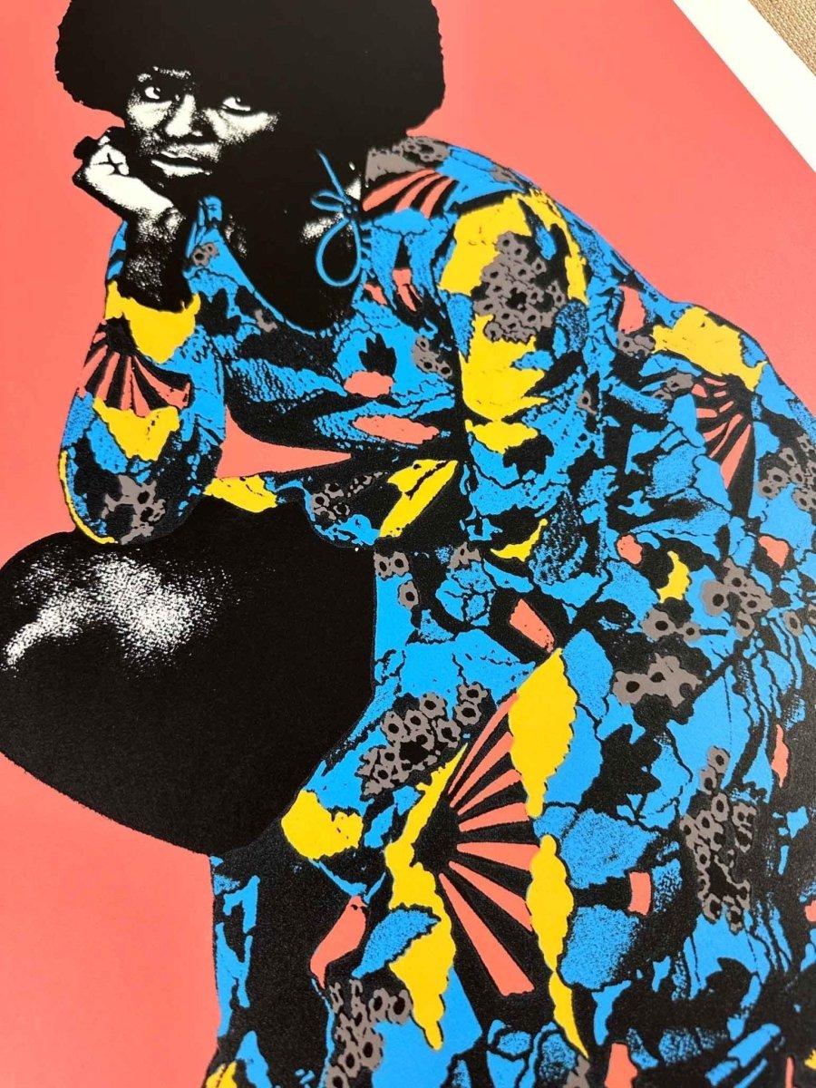 4-colour hand-pulled screenprint, coral red and black, crouching figure in patterned kimono, edition of 25