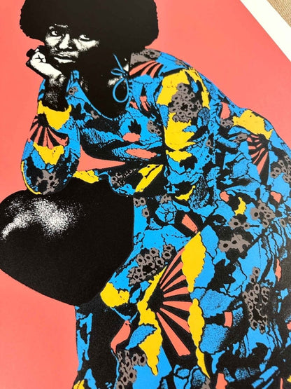 4-colour hand-pulled screenprint, coral red and black, crouching figure in patterned kimono, edition of 25