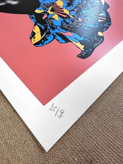 4-colour hand-pulled screenprint, coral red and black, crouching figure in patterned kimono, edition of 25