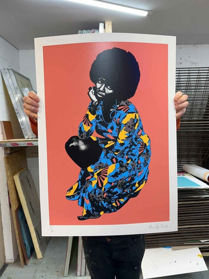 BETTY hand-pulled screenprint by Oli Fowler — seated Black woman in psychedelic print on coral background