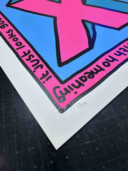 4-colour screenprint, pink cyan and teal, bold 3D X with hand-lettered border, white paper stock