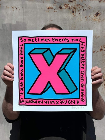 Big Fat X hand-pulled screenprint by Oli Fowler — bold 3D pink letter X on blue with hand-lettered border