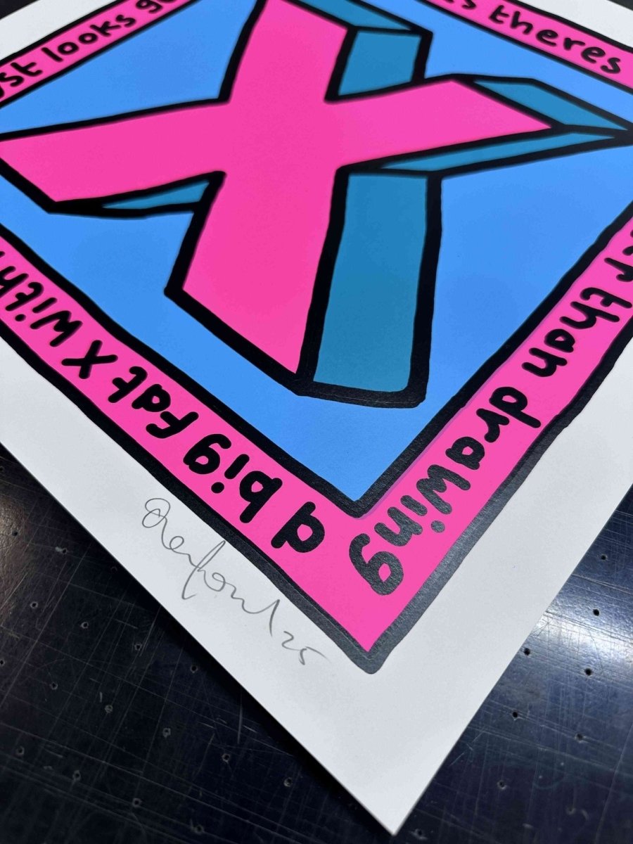 4-colour screenprint, pink cyan and teal, bold 3D X with hand-lettered border, white paper stock