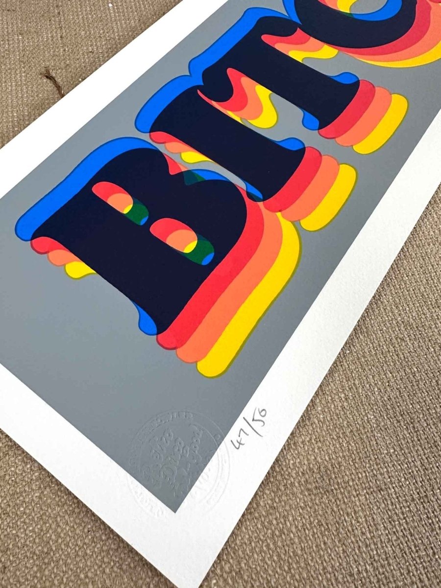 6-colour screenprint, blue and rainbow gradient, retro 3D lettering on grey background