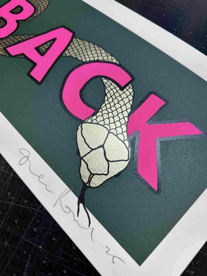 BITE BACK Gold leaf Original screenprint OLI FOWLER ART tag1  green