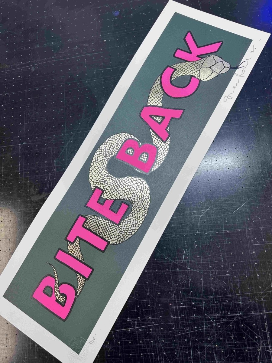 BITE BACK Gold leaf Original screenprint OLI FOWLER ART tag1  green