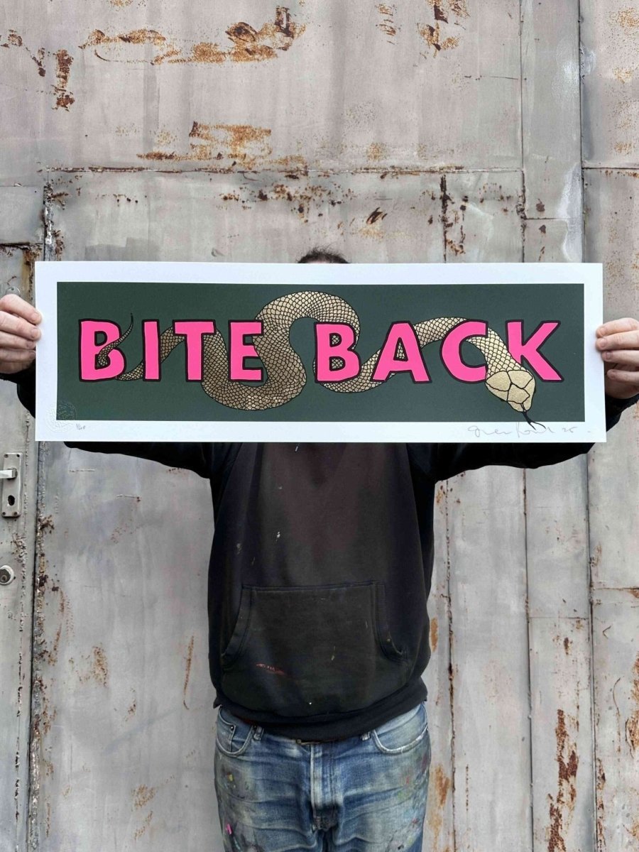 BITE BACK Gold leaf Original screenprint OLI FOWLER ART tag1  green
