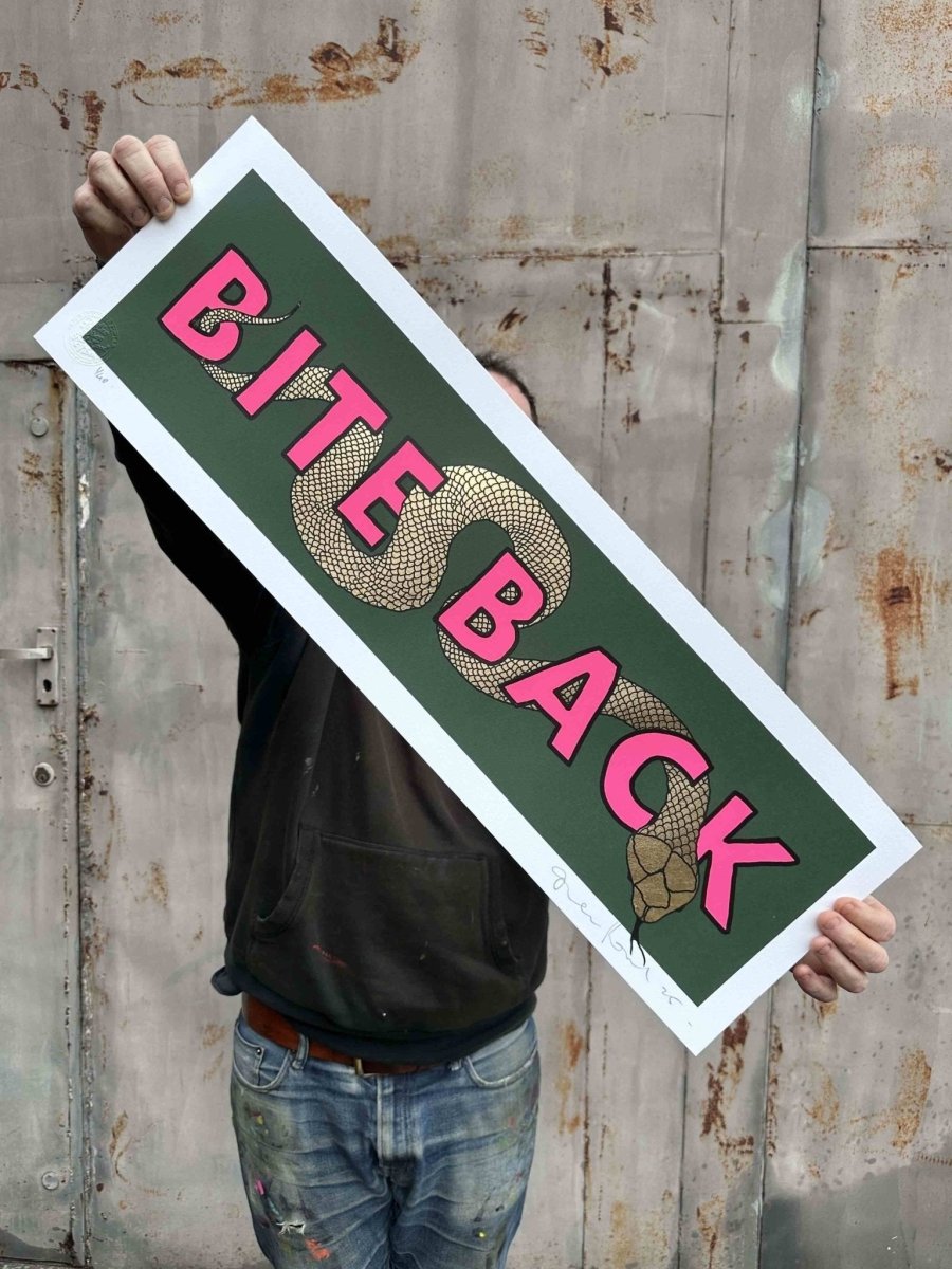 BITE BACK Gold leaf Original screenprint OLI FOWLER ART tag1  green