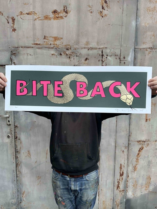 Bite Back hand-pulled screenprint by Oli Fowler — neon pink type and gold snake on olive green background