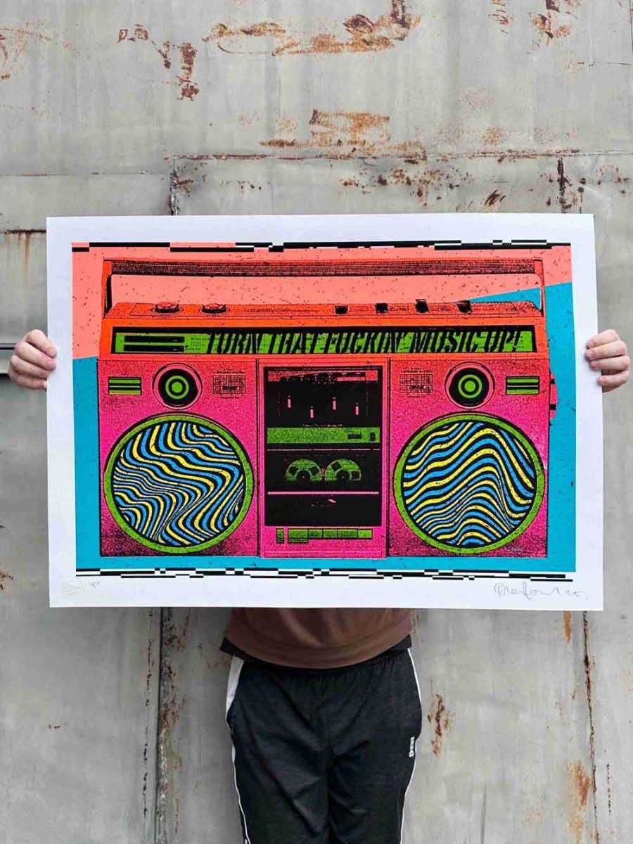 Boombox 2025 XL hand-pulled screenprint by Oli Fowler, neon fluorescent boombox with bold typography