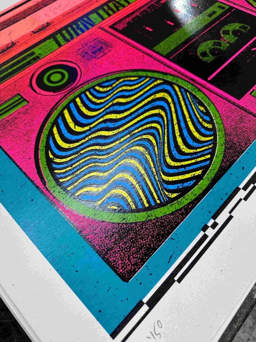 7-colour screenprint, hot pink, orange, cyan and lime green, retro boombox with psychedelic wave speakers
